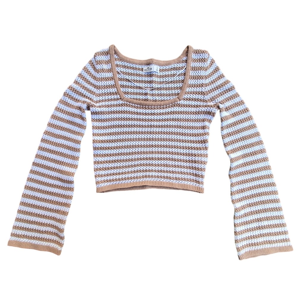 Hollister Womens Tan White Striped Crochet Knit Square Neck Bell Sleeve Crop Top